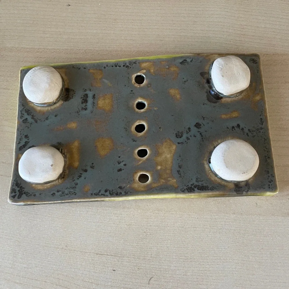 Handmade Ceramic Soap Dish Pottery Yellow Blue Multi Drain Holes Hand‎ Crafted